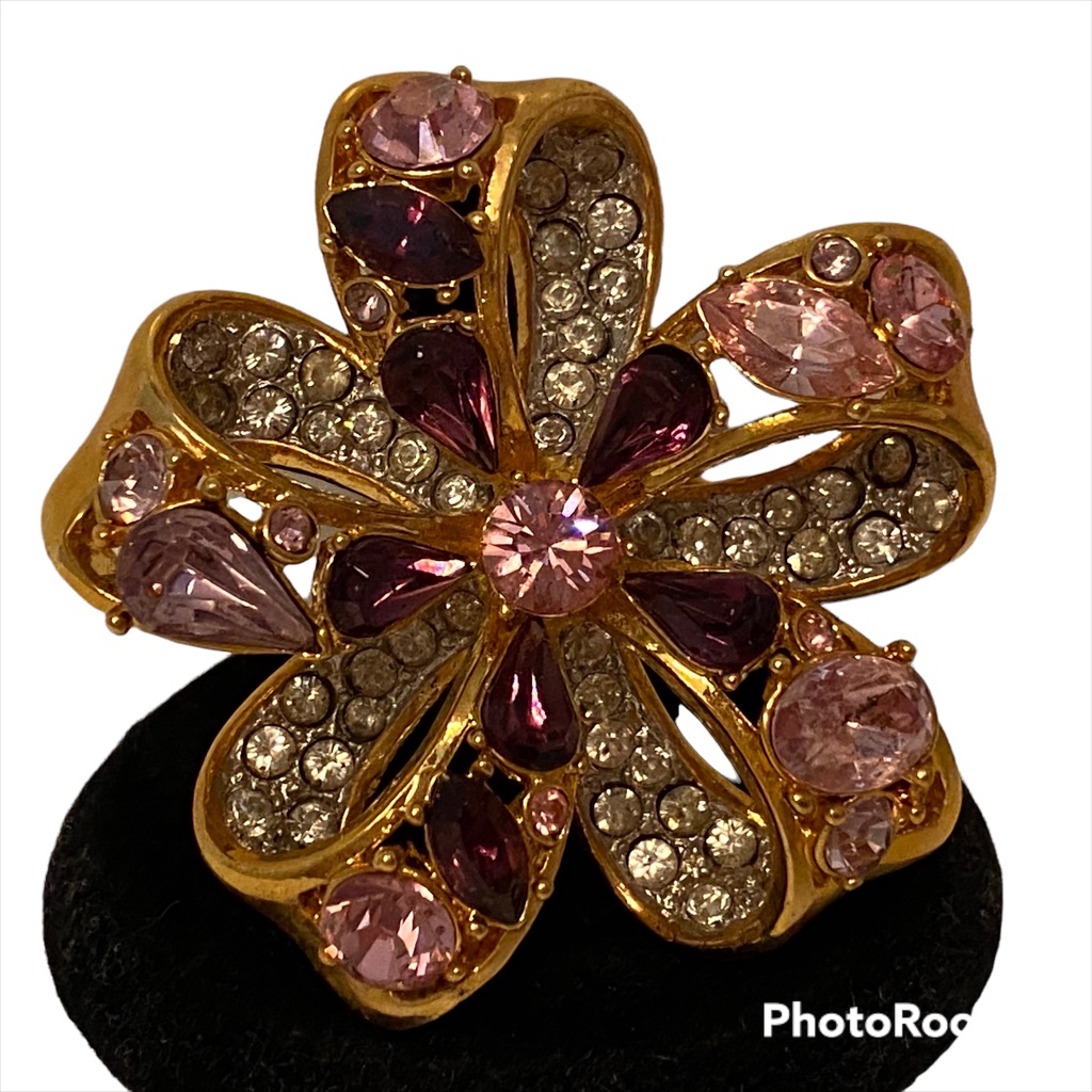 Nolan Miller Brooch Bow Pin Pink Purple Clear Cz Rhinestones Gold Plate Setting 50$